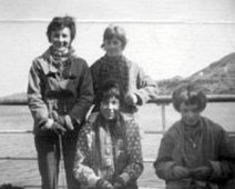 Glen Affric 1963 Angela ?,Joy ?, Judith Taylor, Hilary Hulme. Across on the Ferry to the Isle of Skye.
